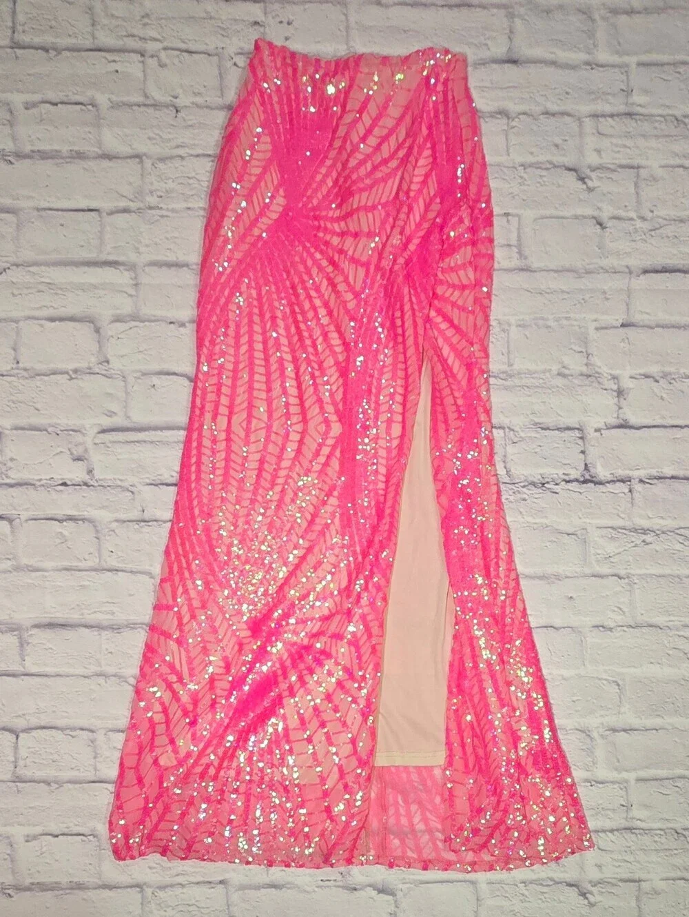 Neon Pink Sequin Two Piece Formal Set One Shoulder Crop Top Maxi Skirt